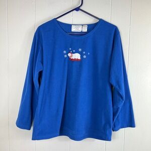 J.I.T. Sleep Collection Polar Bear Fleece Top Blue‎ Holiday Pullover Womens L